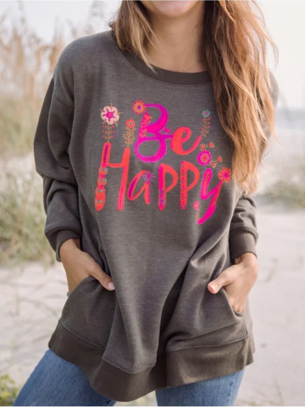 NATURAL LIFE Be Happy Crewneck Olive Green Oversized Sweatshirt Small